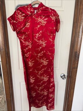 Victoria's Secret Red Satin Maxi Dress with Gold Floral Motif